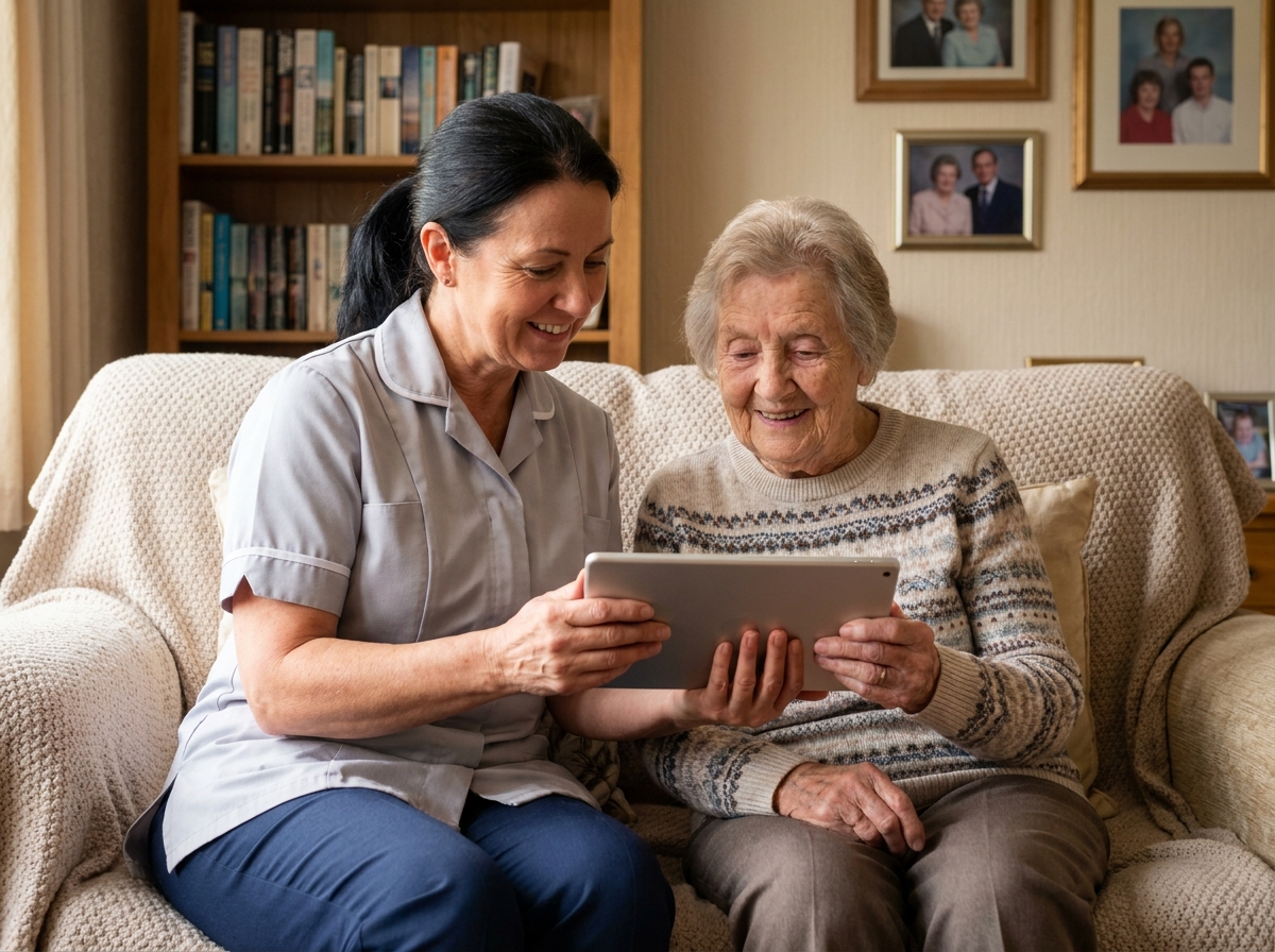 Auxiliaire de vie et femme âgée consultant ensemble une tablette dans un salon, illustrant un accompagnement respectueux de l'autonomie des seniors