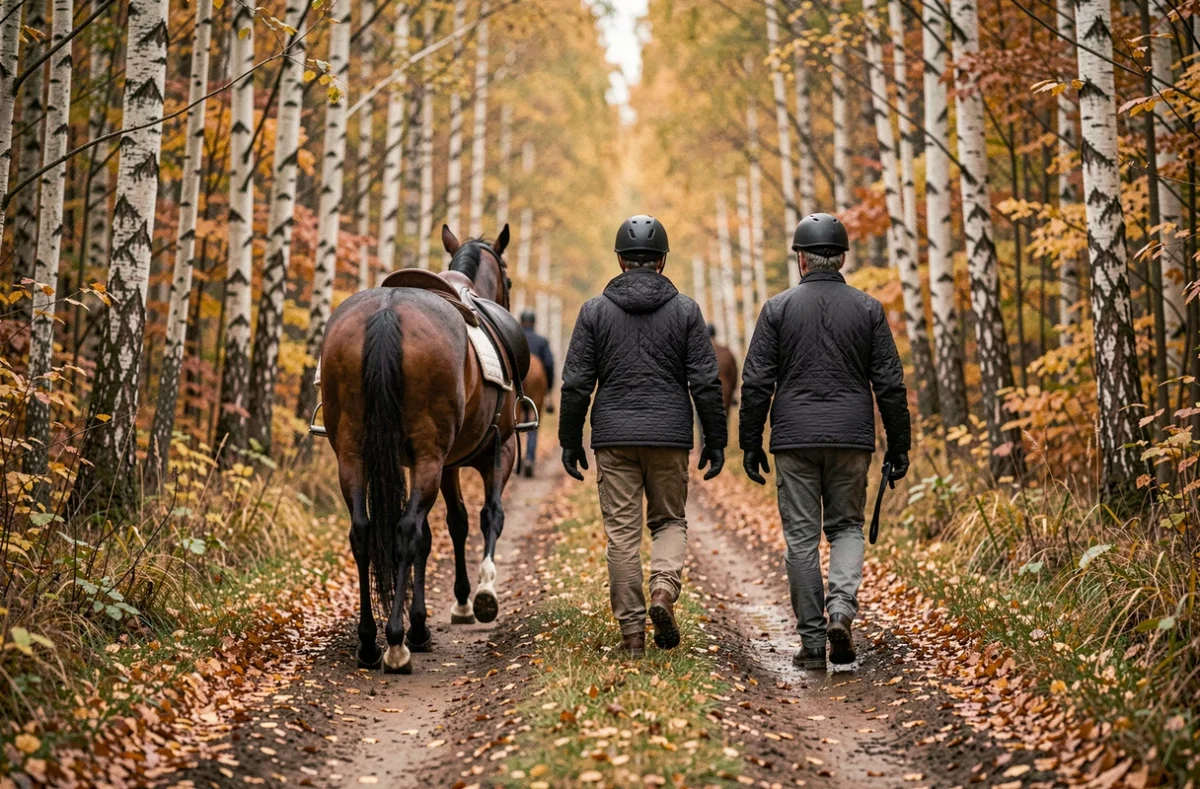 Groupe d'adultes se promenant avec leurs chevaux sur un sentier forestier en automne, profitant des bienfaits thérapeutiques de l'équitation en nature