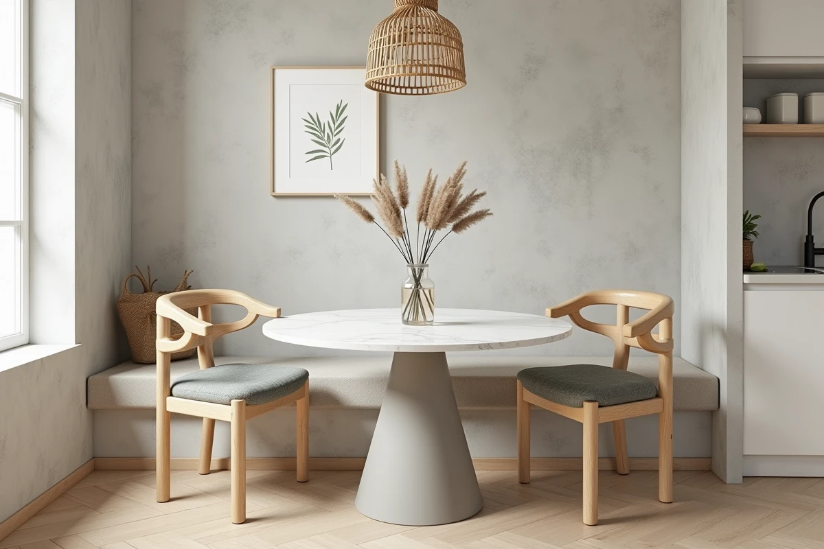 Coin repas moderne avec table en marbre, chaises en bois et décoration naturelle dans une cuisine épurée