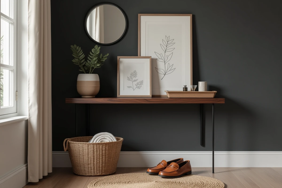 Entrée maison stylée avec console en noyer, miroir rond et cadres décoratifs disposés avec soin