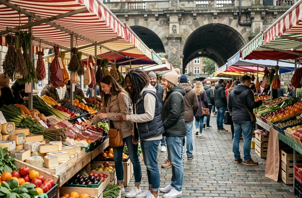 Groupe d'amis faisant leurs courses au marché du Midi animé de Bruxelles un dimanche matin