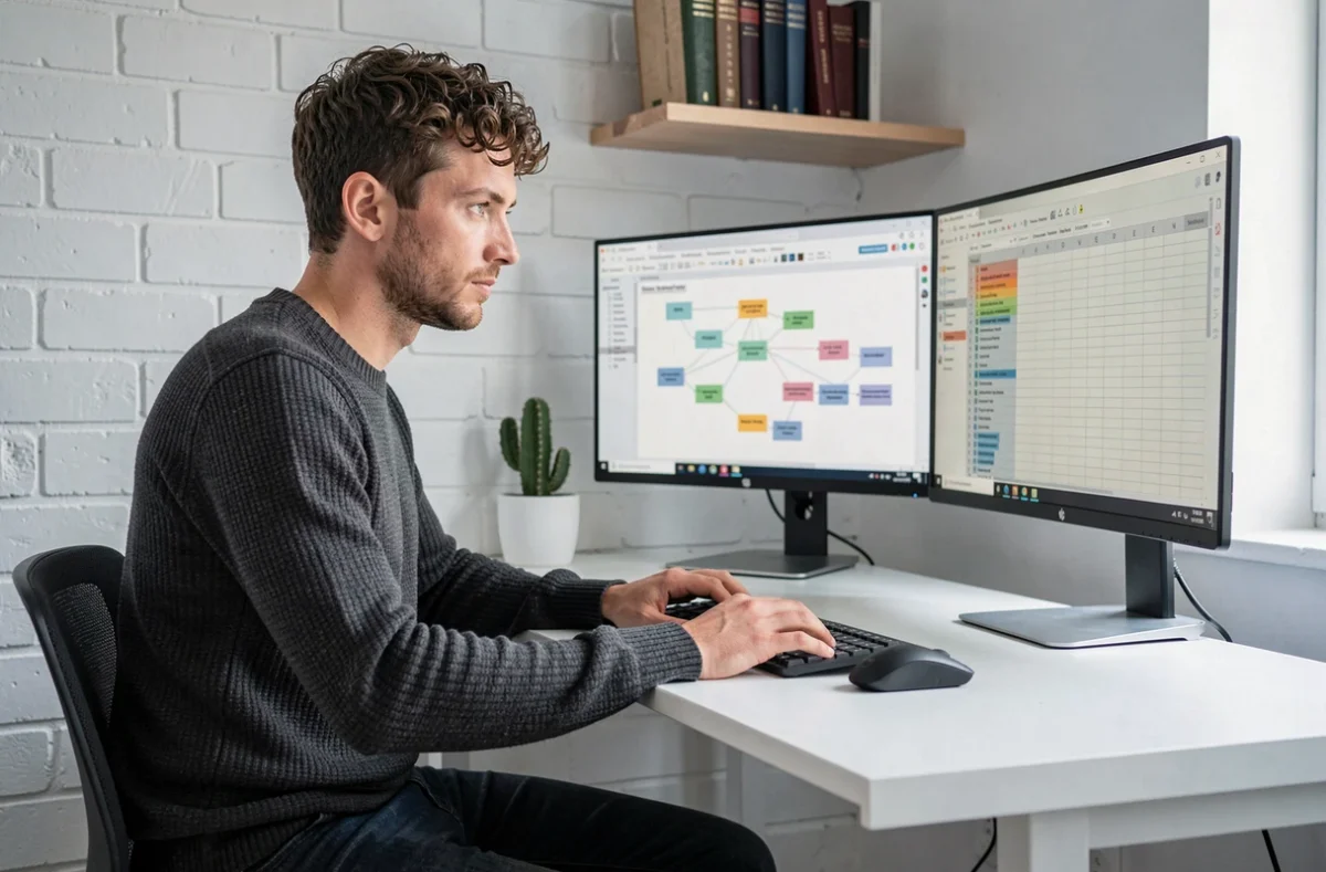 Développeur web travaillant sur l'architecture de navigation d'un site web depuis son bureau à domicile