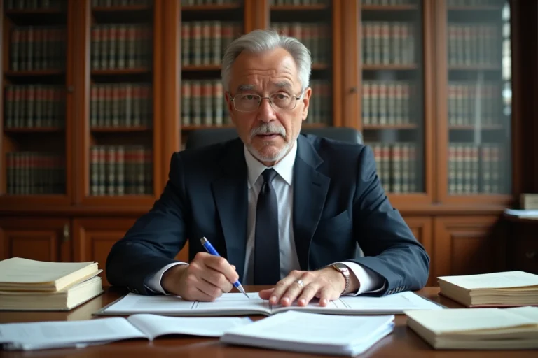 Avocat comparant deux piles de documents juridiques sur un bureau en bois dans un cabinet d'avocat traditionnel, illustrant l'analyse in concreto et in abstracto en droit