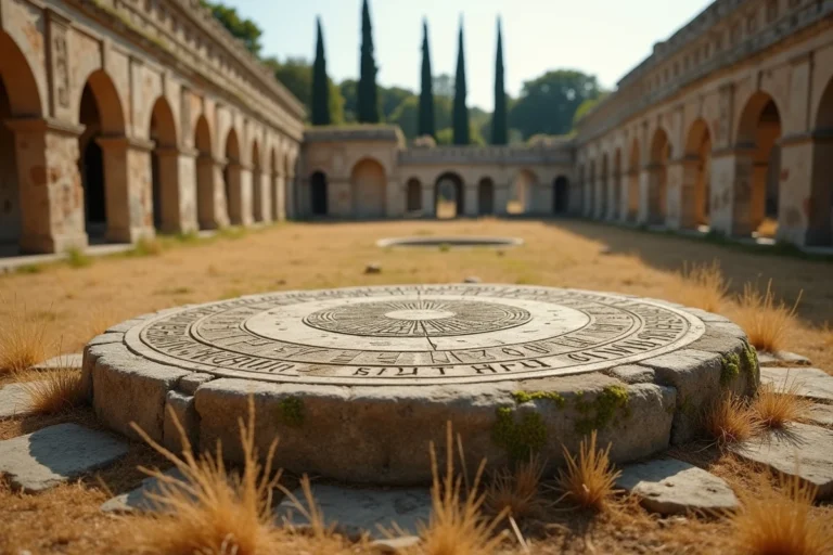 Cadran solaire en pierre ancienne gravé de symboles solaires dans les ruines d'un temple méditerranéen, illustrant les noms et représentations du soleil à travers les cultures