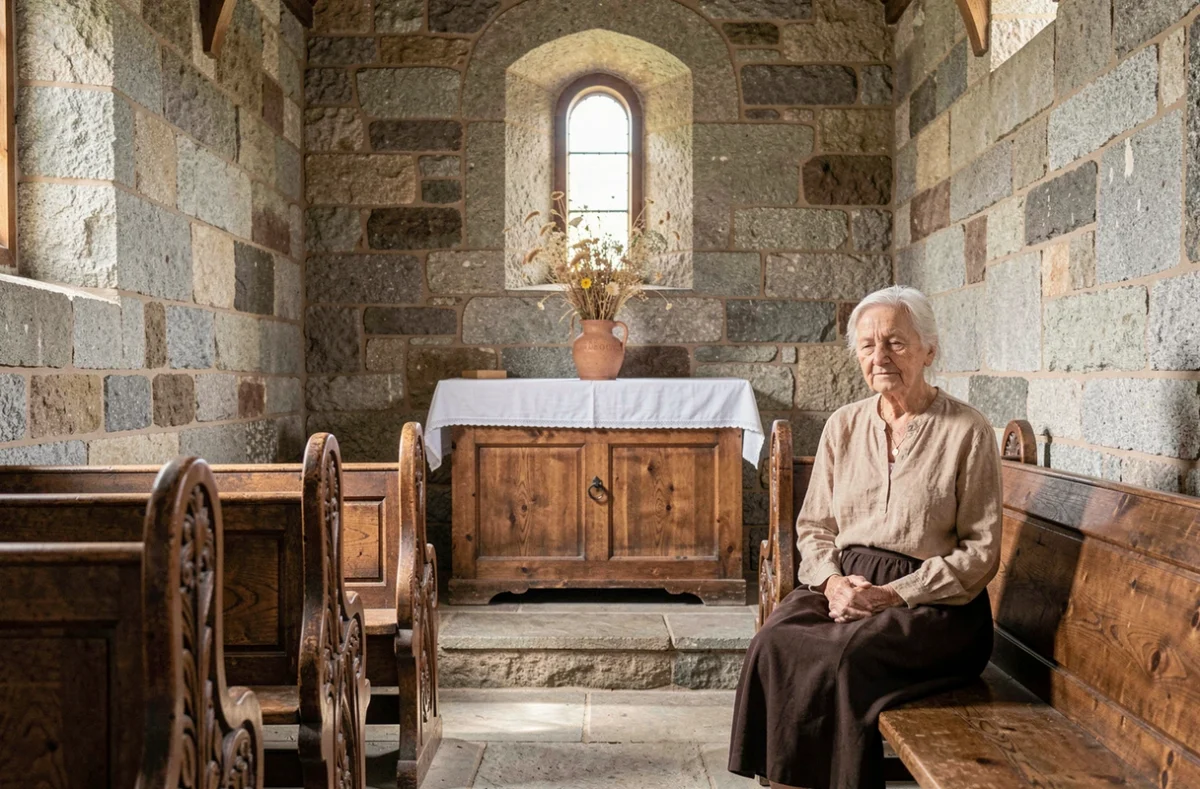 Intérieur d'une chapelle bretonne en granit à Ploubazlanec avec une fidèle en prière