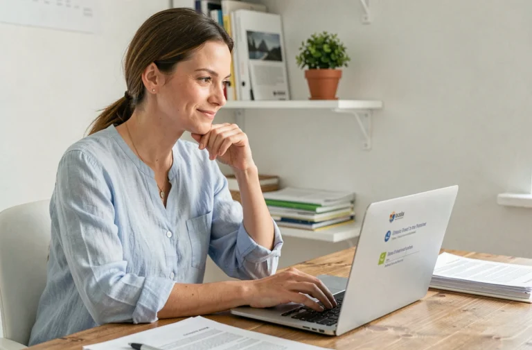 Femme consultant la publication des bans de mariage en ligne sur un ordinateur portable dans un bureau à domicile