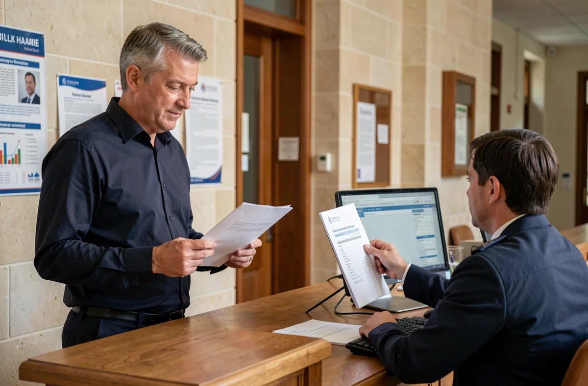 Homme consultant la publication des bans de mariage en mairie avec un agent municipal devant un ordinateur