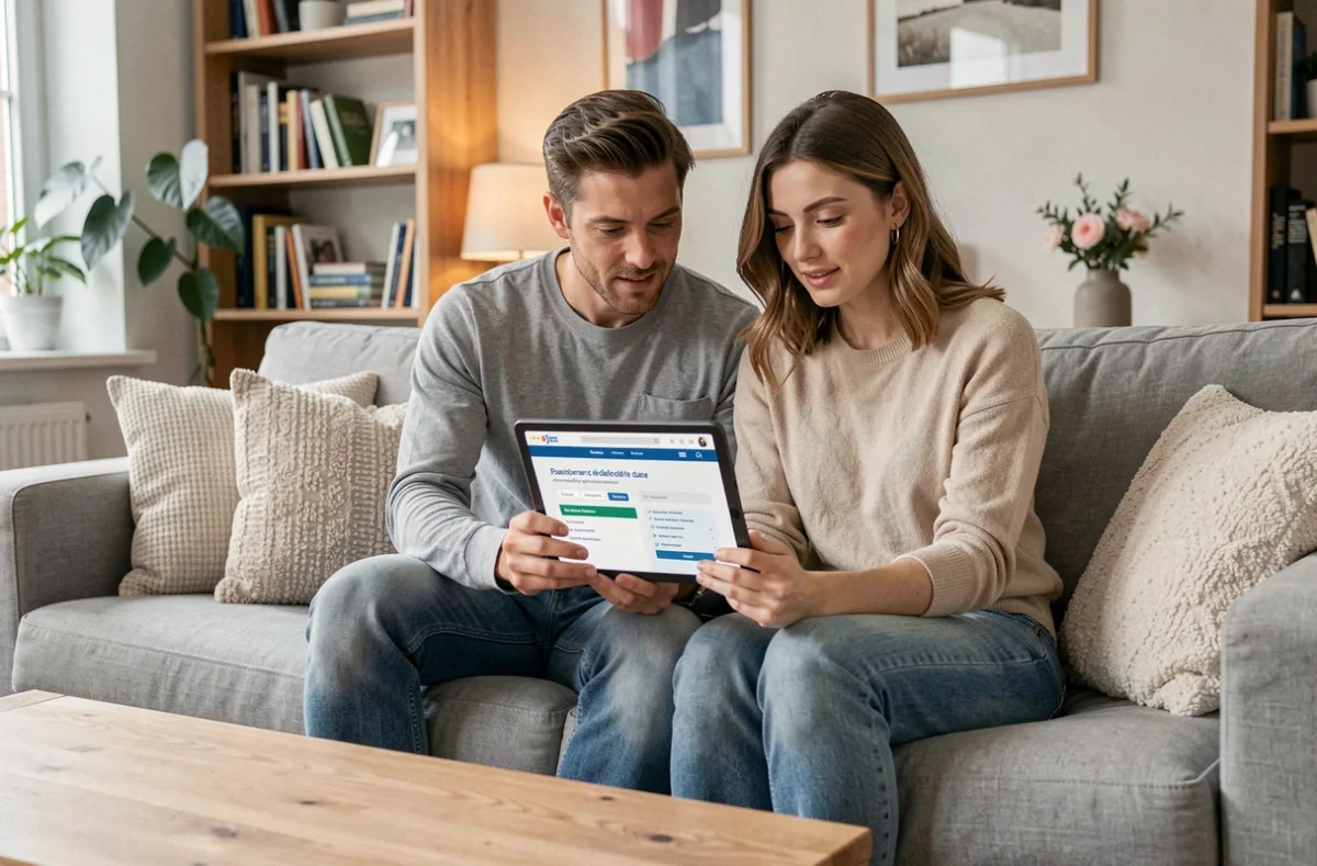 Couple consultant ensemble la publication des bans de mariage sur une tablette dans leur salon
