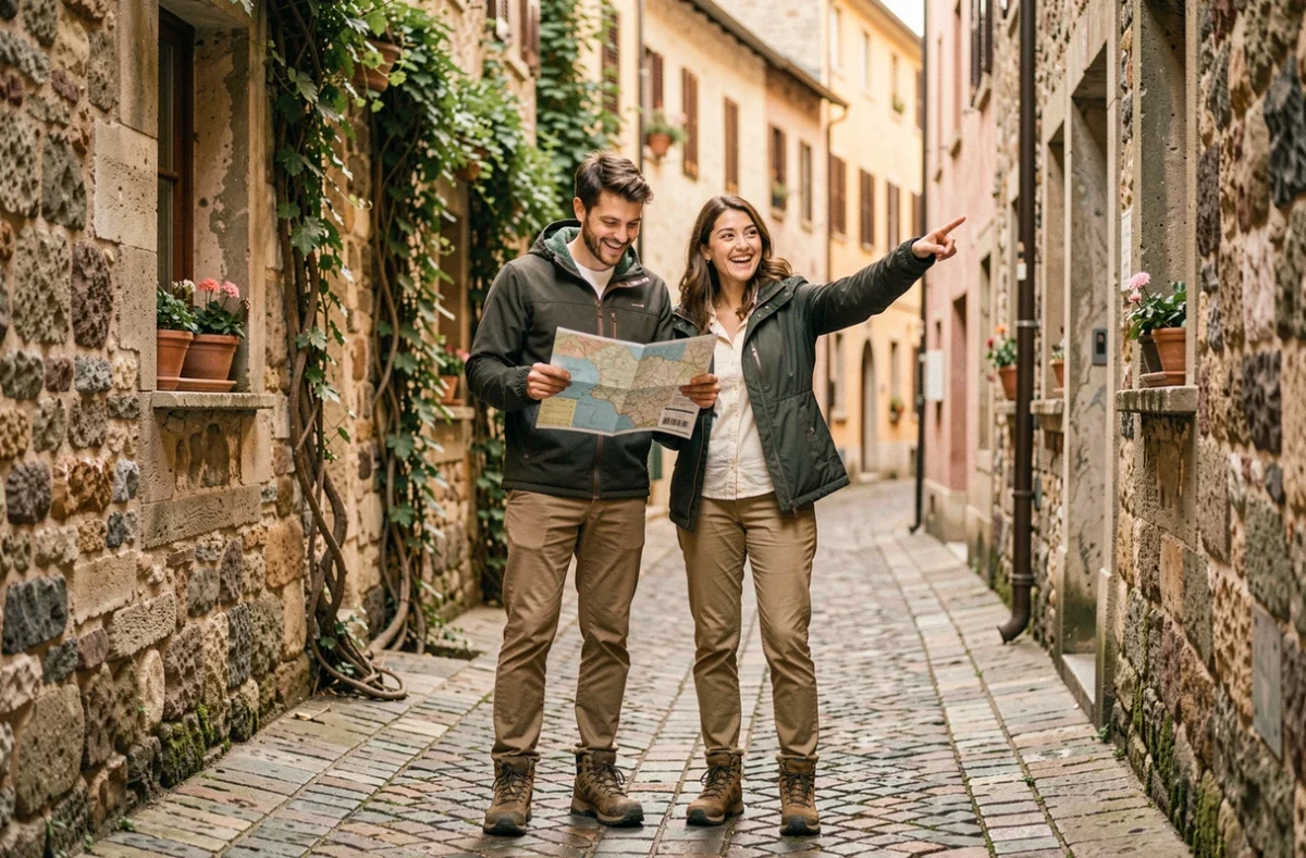 Couple de voyageurs explorant une ruelle pavée d'un village historique européen avec une carte