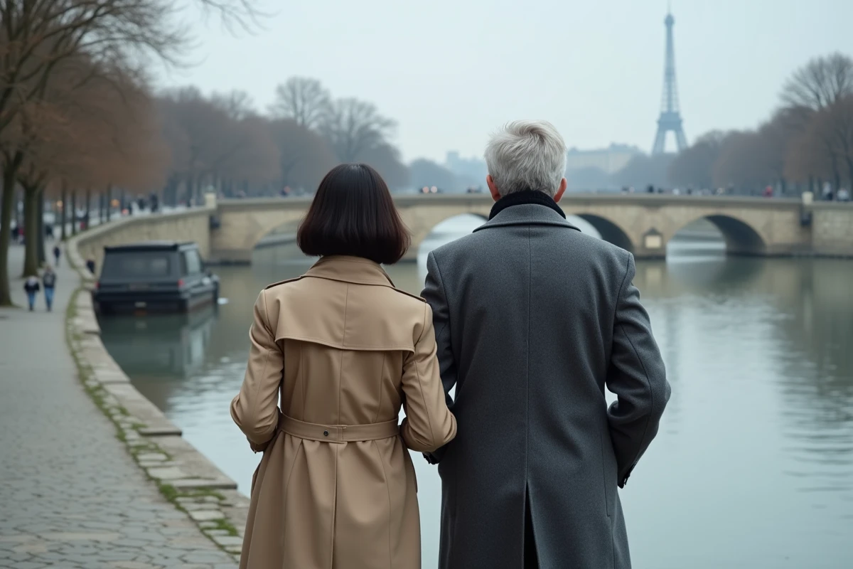 Couple de journalistes se promenant le long des quais de la Seine à Paris en trench-coat beige et manteau gris