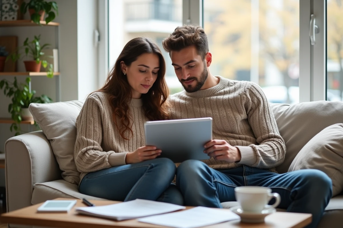 Couple étudiant un plan de financement immobilier sur une tablette dans leur salon