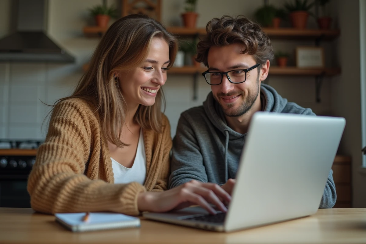 Jeune couple cherchant des meubles gratuits sur un site de don en ligne depuis leur appartement