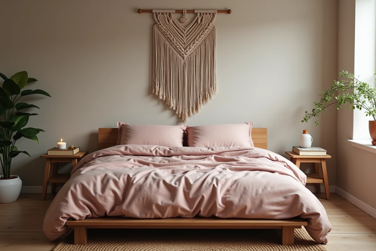 Chambre cosy et simple avec literie en lin, décoration murale en macramé et plante verte sur le rebord de fenêtre