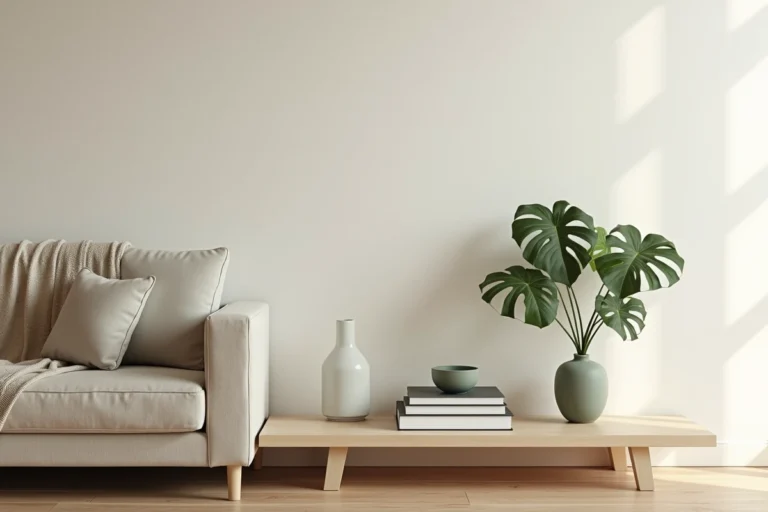 Étagère en bois clair avec plante verte et vase céramique dans un salon minimaliste scandinave