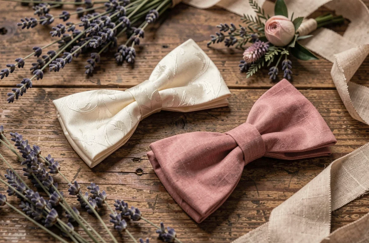 Détail de deux nœuds papillon en soie ivoire et coton rose poudré posés sur une table en bois patiné avec des accessoires de mariage champêtre