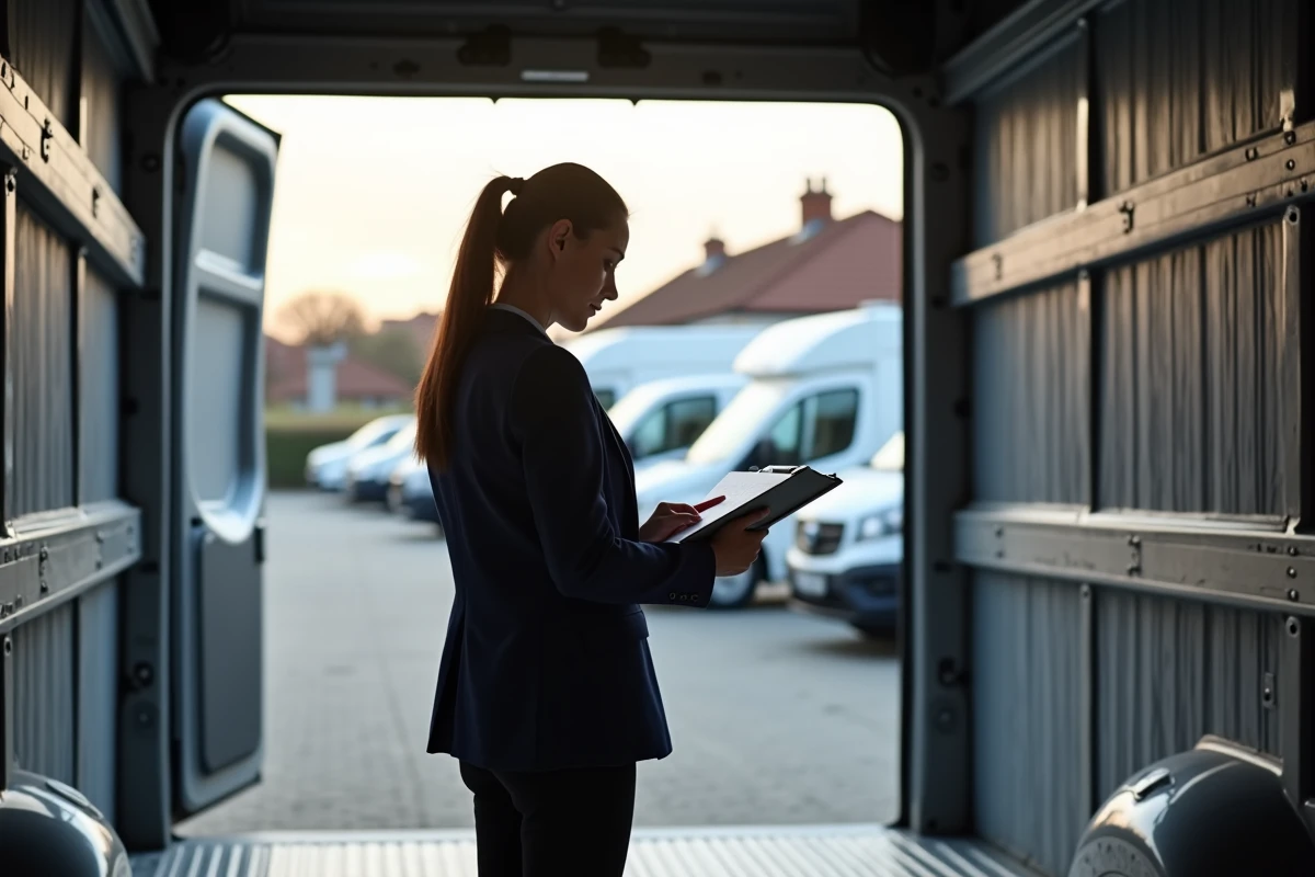 Responsable de flotte féminine examinant les dimensions intérieures d'un grand fourgon utilitaire avec des documents techniques