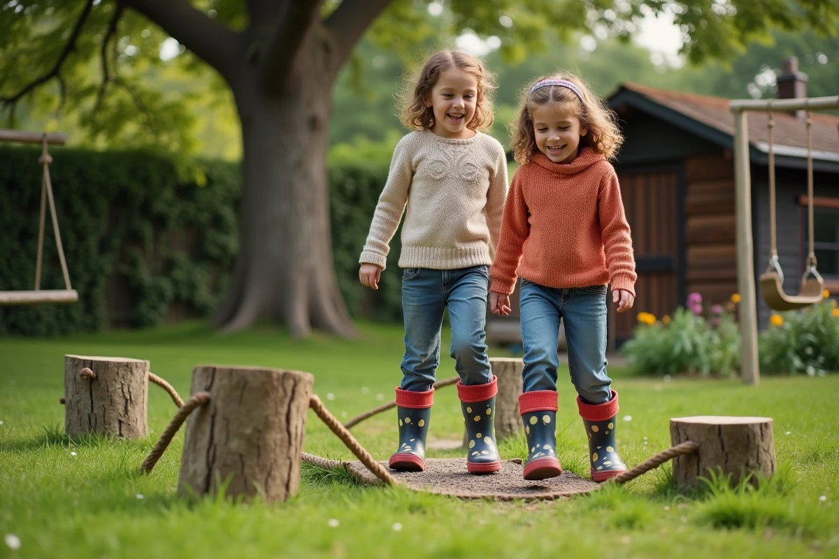 Enfants jouant sur un parcours d'obstacles en bois dans un jardin familial verdoyant
