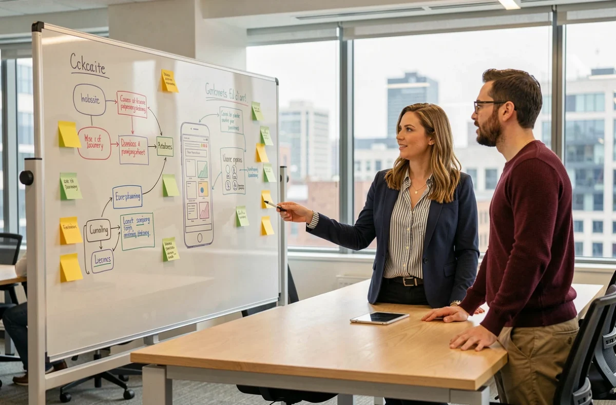 Équipe de professionnels en réunion autour d'un tableau de structure et d'arborescence de site web