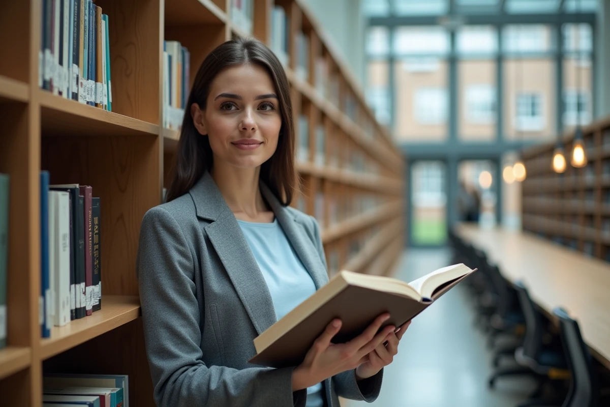 Étudiante en droit consultant un manuel juridique annoté dans une bibliothèque universitaire, symbolisant l'étude comparative des notions juridiques in concreto et in abstracto