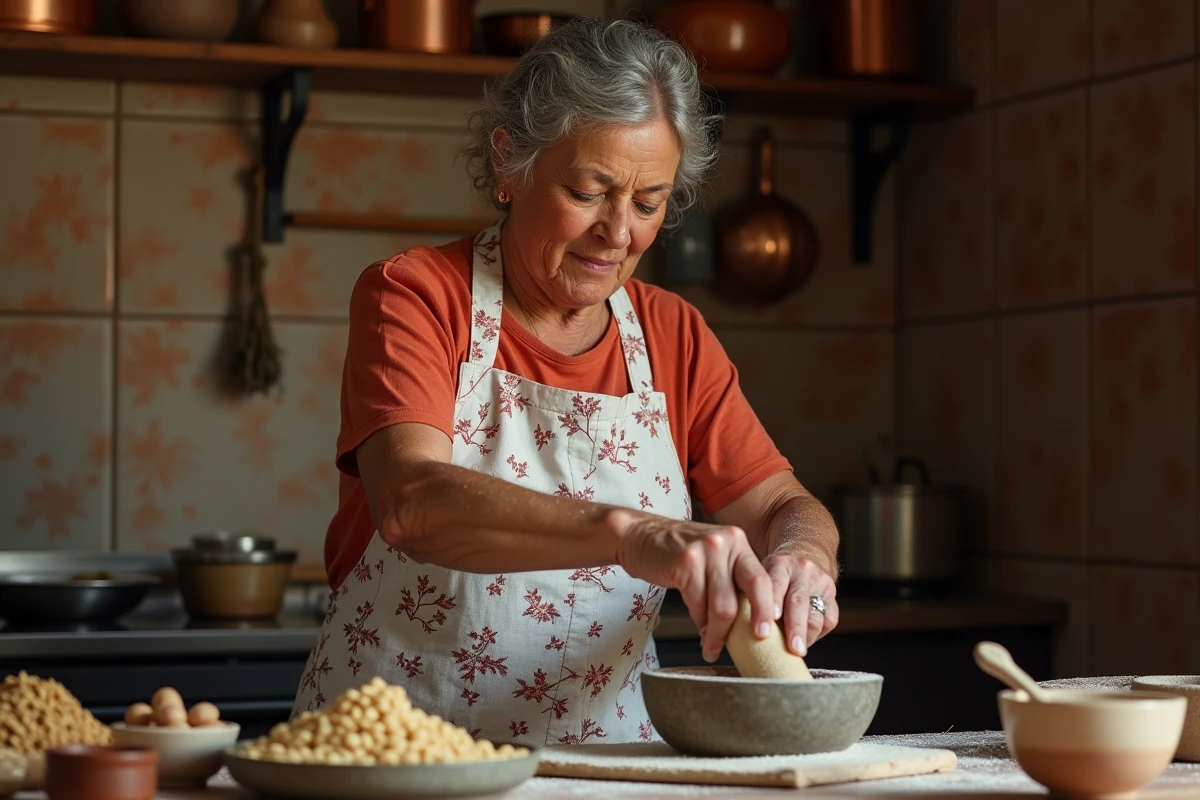 Femme brésilienne préparant la paçoca traditionnelle au mortier en pierre dans une cuisine authentique aux carreaux de terre cuite