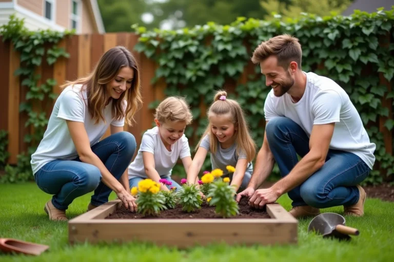 Famille en train de planter des fleurs ensemble dans un potager surélevé en bois dans le jardin familial