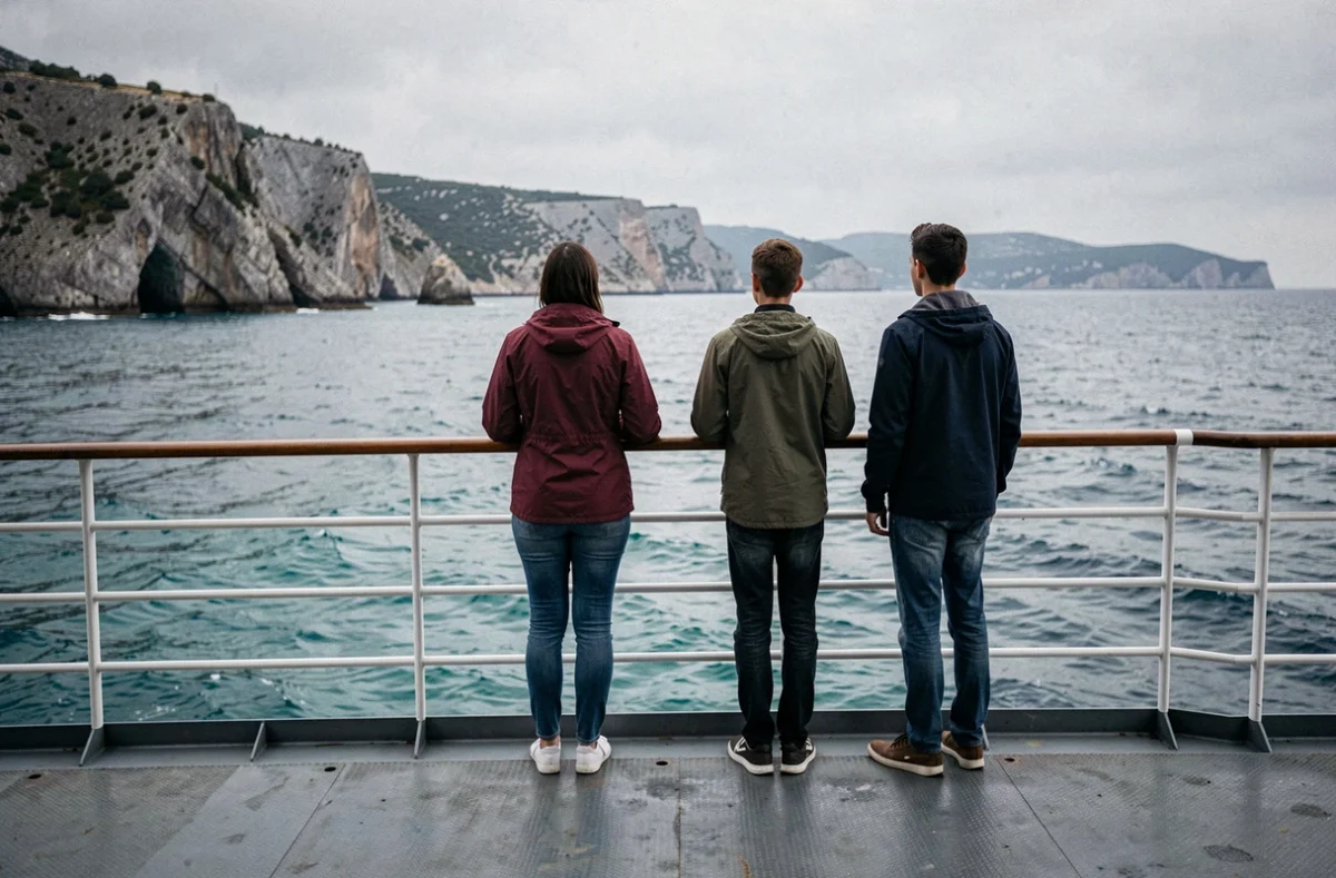 Famille en voyage sur un ferry admirant un paysage côtier européen