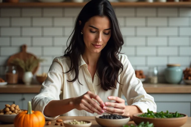 Femme aux cheveux sains examinant des aliments riches en magnésium comme les amandes et les graines de courge sur une table en bois