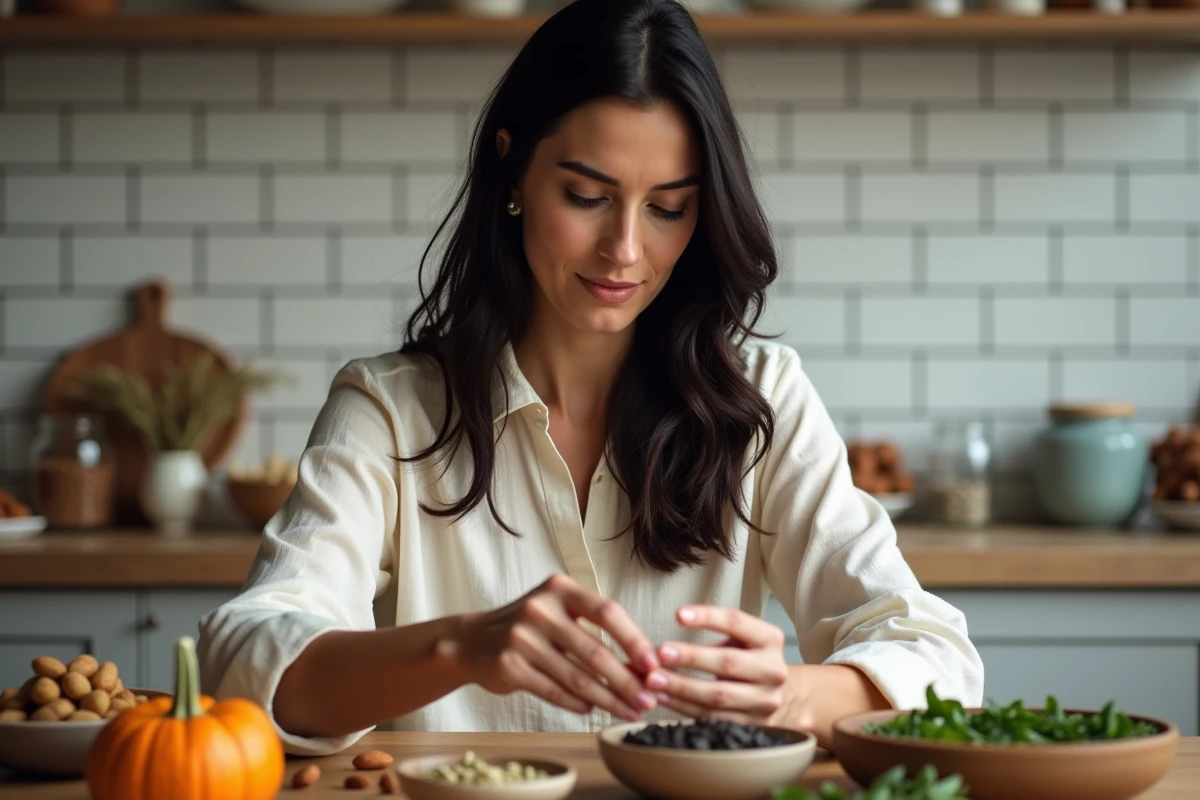 Femme aux cheveux sains examinant des aliments riches en magnésium comme les amandes et les graines de courge sur une table en bois