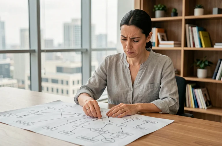 Femme analysant un plan de site web imprimé sur un bureau en bois dans un open space professionnel