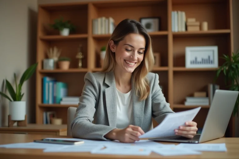 Femme consultant des documents de crédit sur un bureau moderne pour financer ses projets en 2024