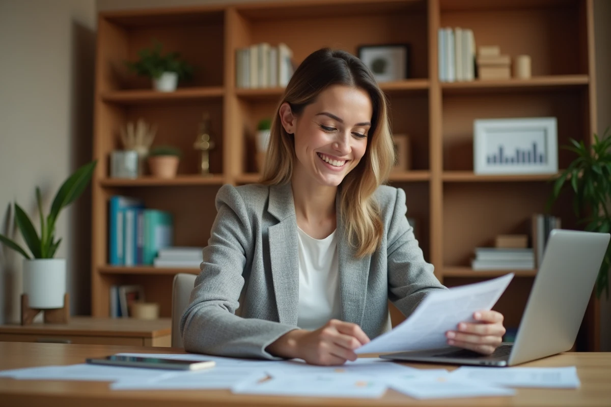 Femme consultant des documents de crédit sur un bureau moderne pour financer ses projets en 2024