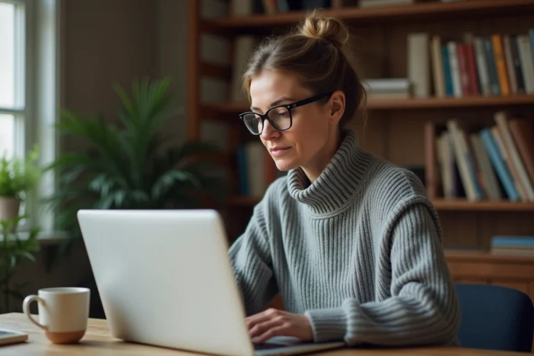 Femme consultant sa boîte mail Wanadoo sur un ordinateur portable dans un bureau à domicile