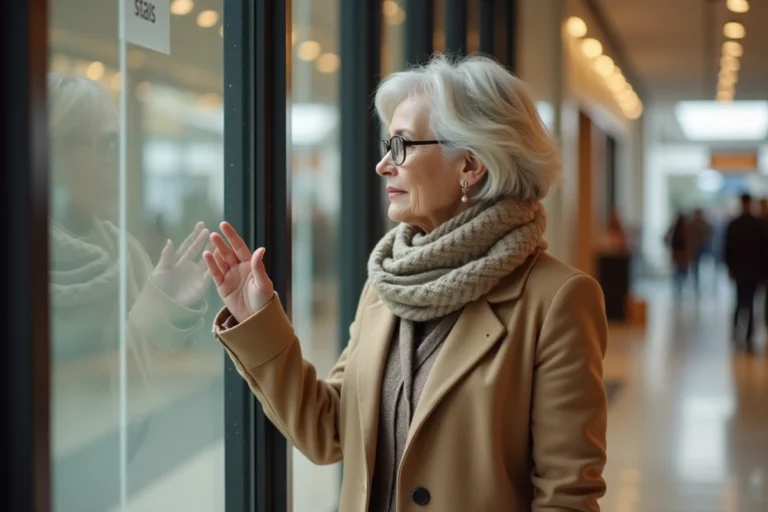 Femme contemplant la vitrine d'un magasin fermé