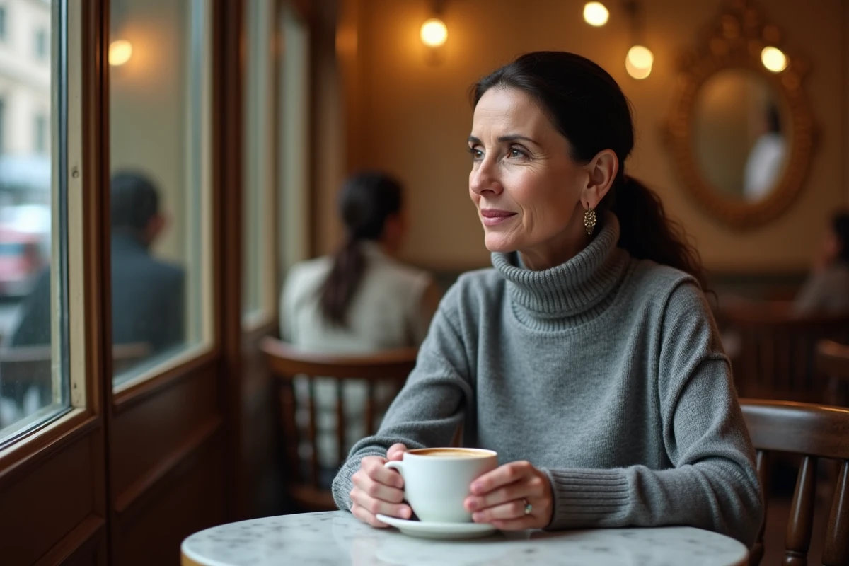 Femme journaliste pensive tenant une tasse d'expresso dans un café parisien au décor vintage en bois et miroirs