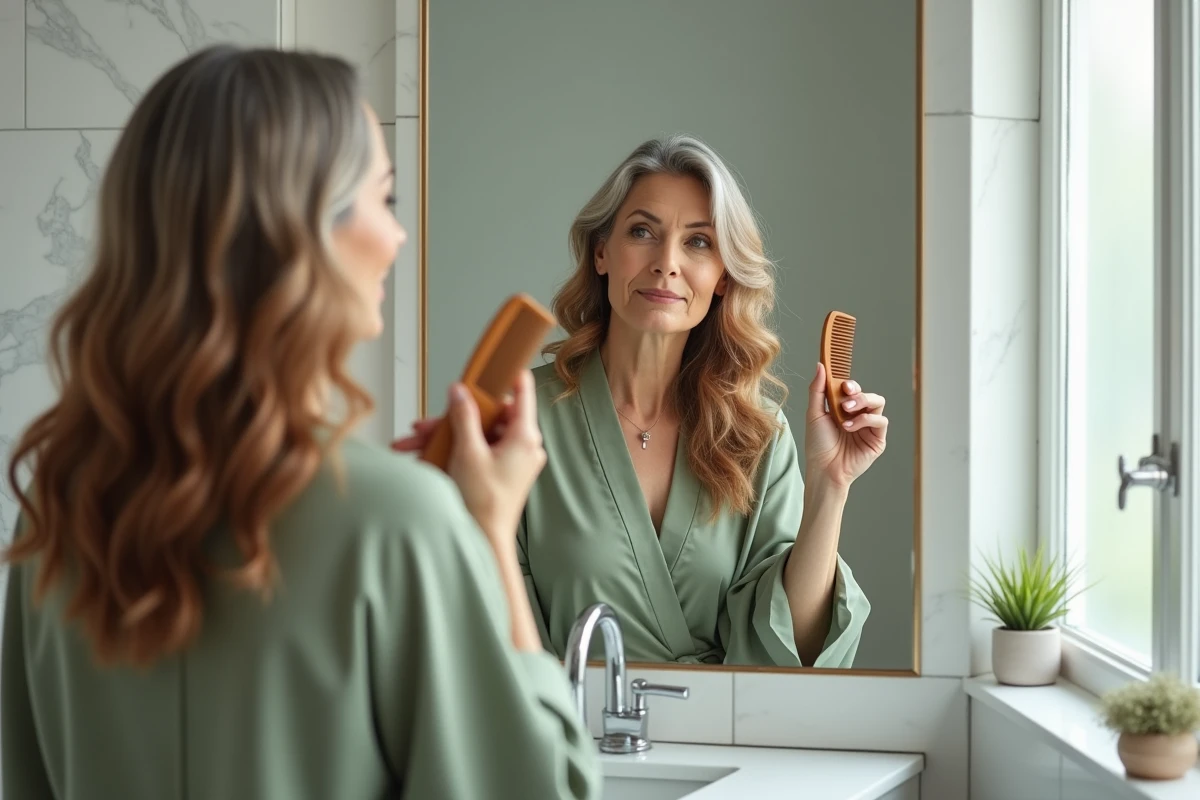 Femme mature aux cheveux argentés se coiffant devant un miroir dans une salle de bain minimaliste