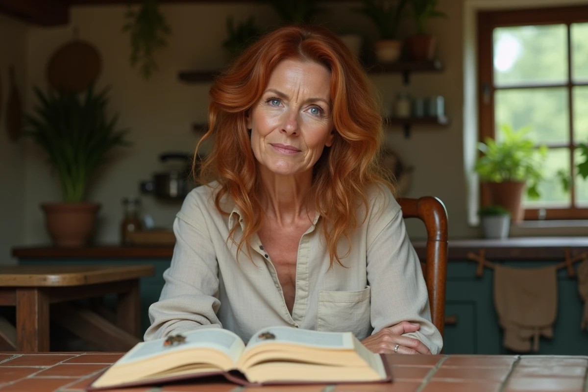 Femme pensive observant une mouche posée sur un livre ouvert dans une cuisine rustique, évoquant la symbolique spirituelle des mouches dans l'habitat