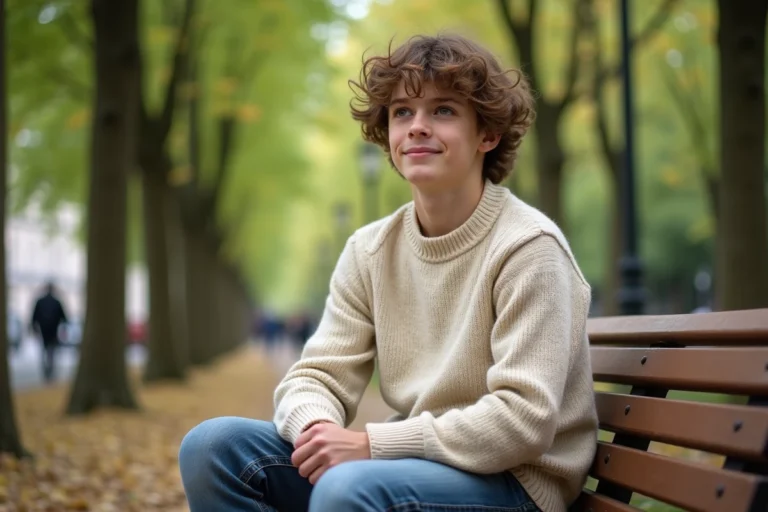 Jeune garçon assis dans un parc parisien en automne