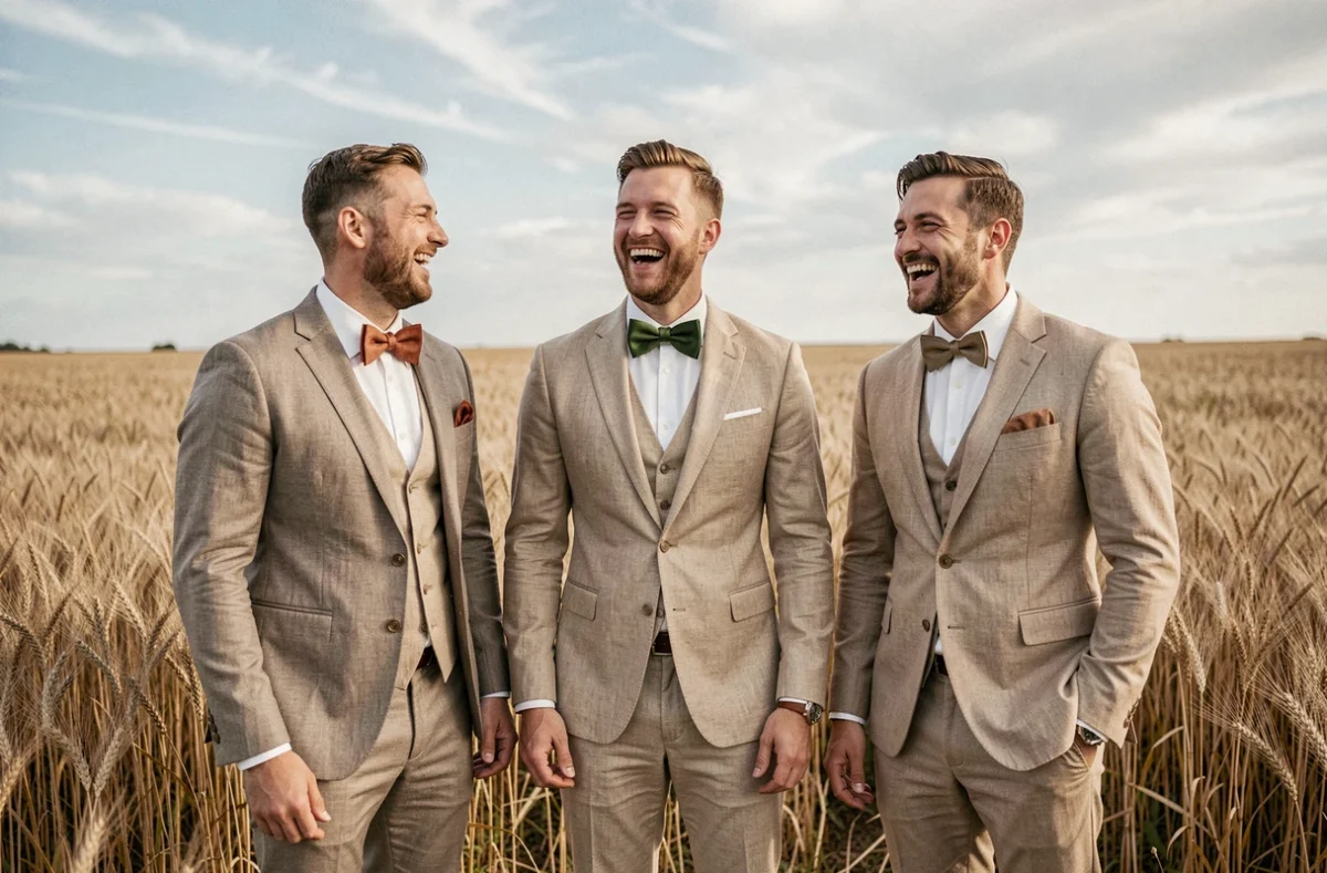 Trois garçons d'honneur en costume en lin portant des nœuds papillon assortis en tons naturels dans un champ de blé doré lors d'un mariage champêtre élégant