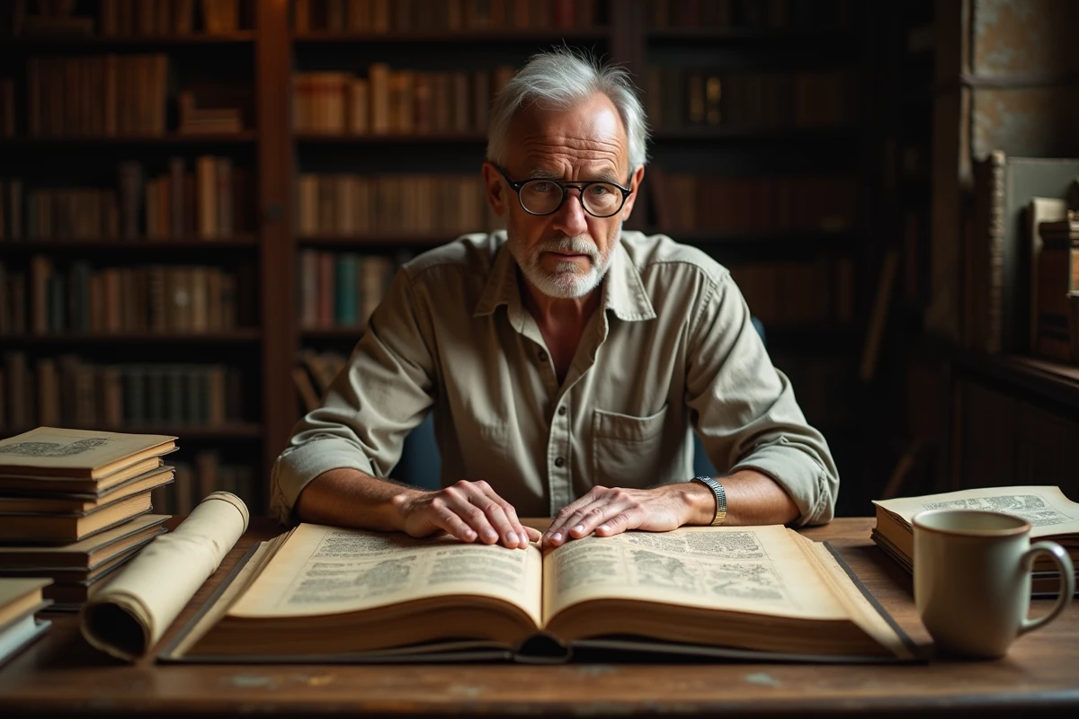 Historien d'âge mûr consultant un manuscrit illustré représentant des divinités solaires de cultures anciennes, dont Râ égyptien et Hélios grec, dans une bibliothèque académique