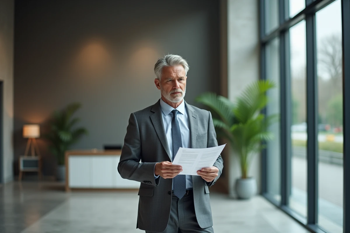 Homme d'affaires dans un hall d'assurance moderne consultant un document de police d'assurance près d'une fenêtre