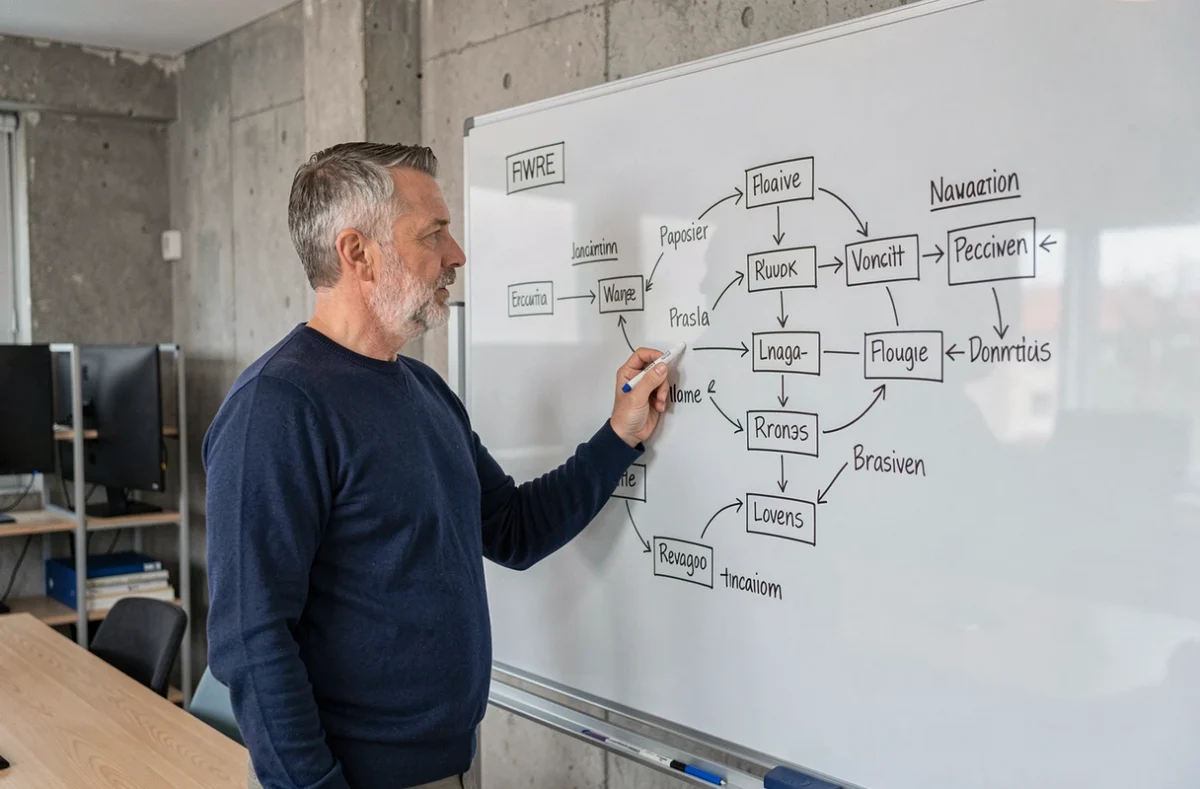 Homme présentant une architecture de navigation de site web sur un tableau blanc en salle de réunion