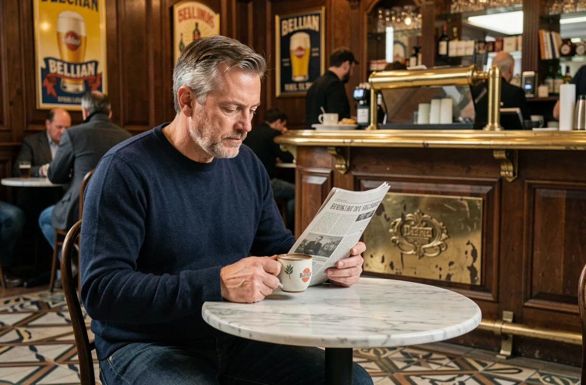 Homme savourant un café dans un café brun traditionnel de Bruxelles à l'ambiance Art Nouveau