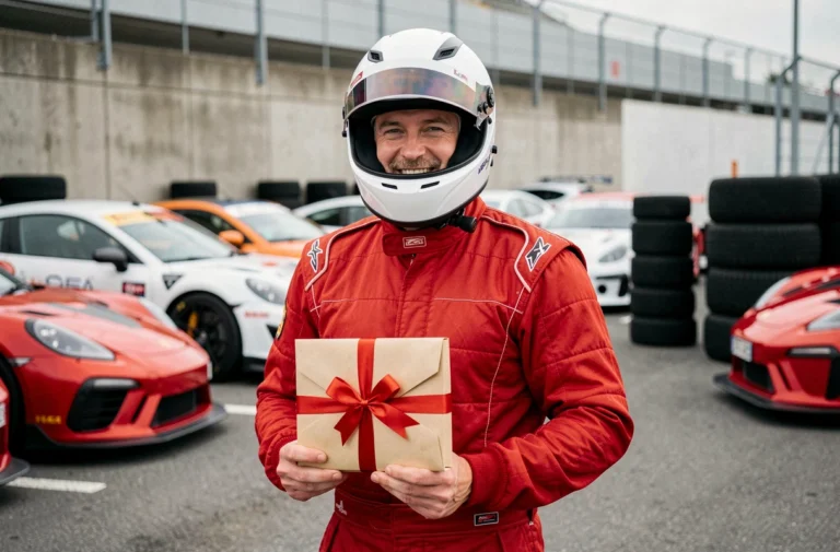 Homme en combinaison de pilotage rouge tenant un chèque cadeau circuit automobile dans les paddocks