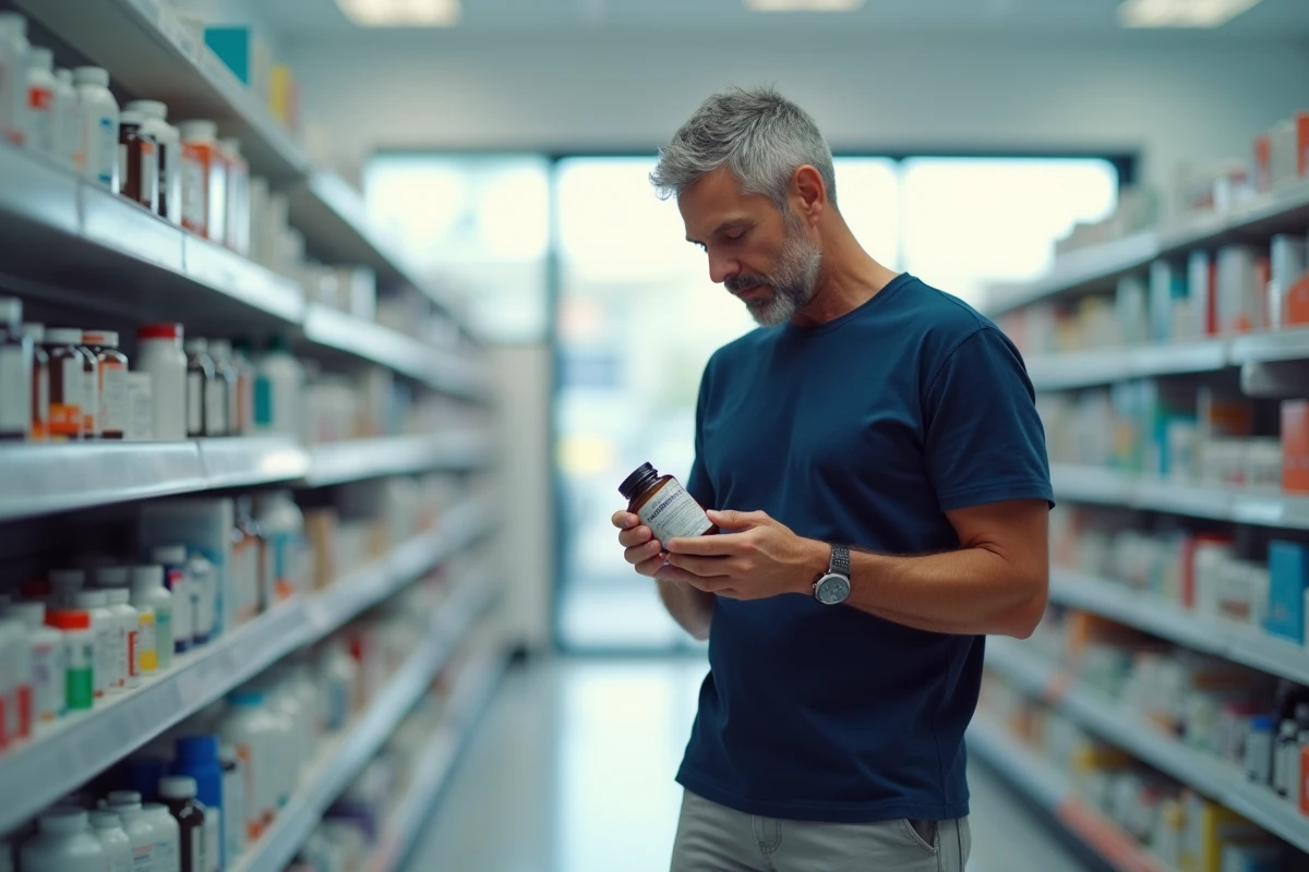 Homme d'âge moyen lisant l'étiquette d'un complément alimentaire en magnésium dans une pharmacie