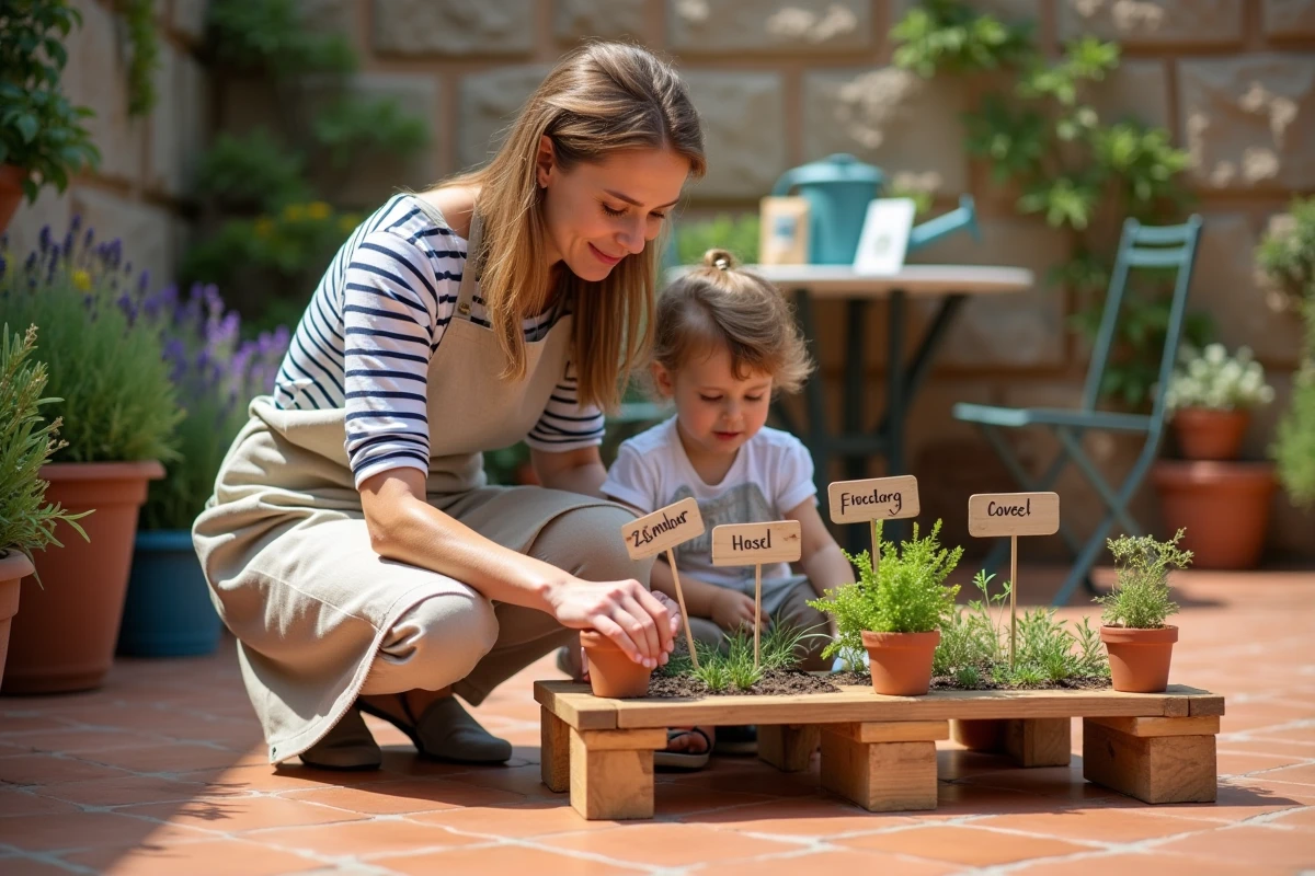 Femme étiquetant des herbes aromatiques dans un potager en palettes sur une terrasse familiale