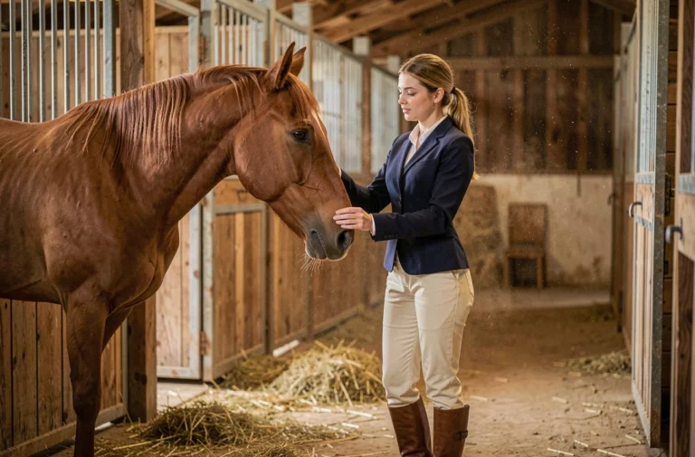 Jeune femme caressant un cheval alezan dans une écurie en bois rustique, illustrant les bienfaits de l'équitation