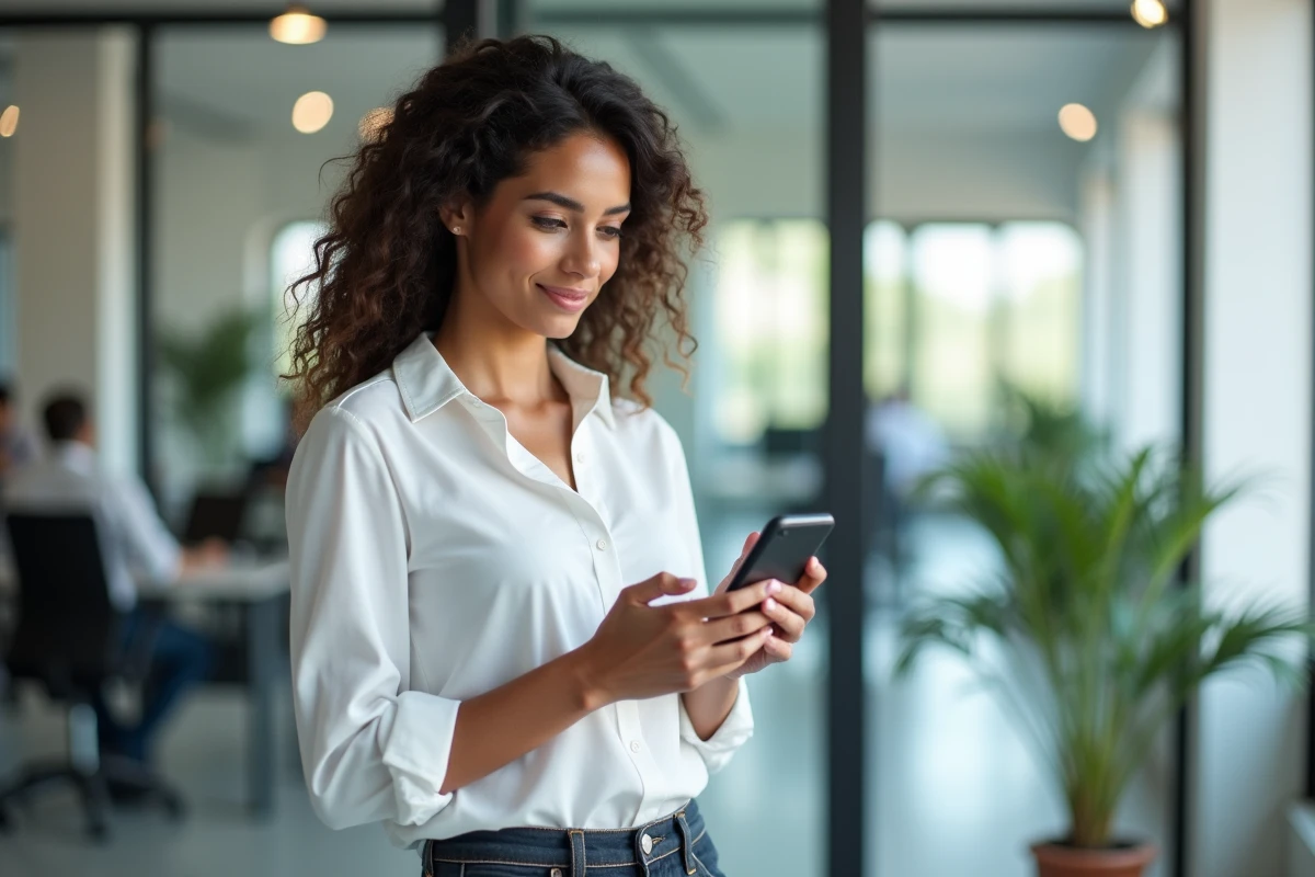 Jeune femme vérifiant sa boîte mail Wanadoo sur smartphone dans un espace de travail moderne