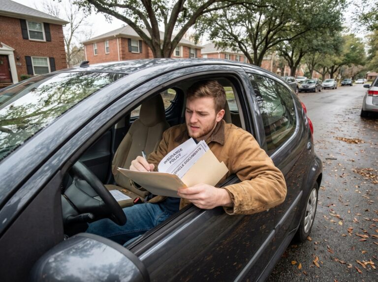Jeune homme dans sa voiture avec documents d'assurance