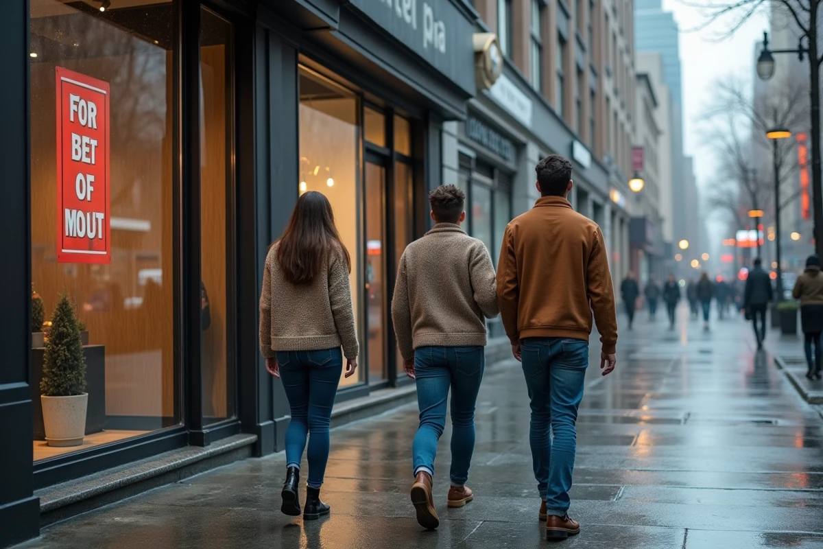 Groupe de jeunes marchant sous la pluie devant un local vacant