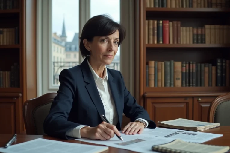 Journaliste française en blazer marine réfléchissant à son bureau parisien entouré de dossiers et de livres